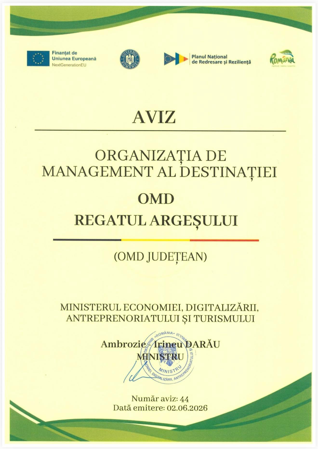 OMD “Regatul Argeșului” a obținut avizul Ministerului